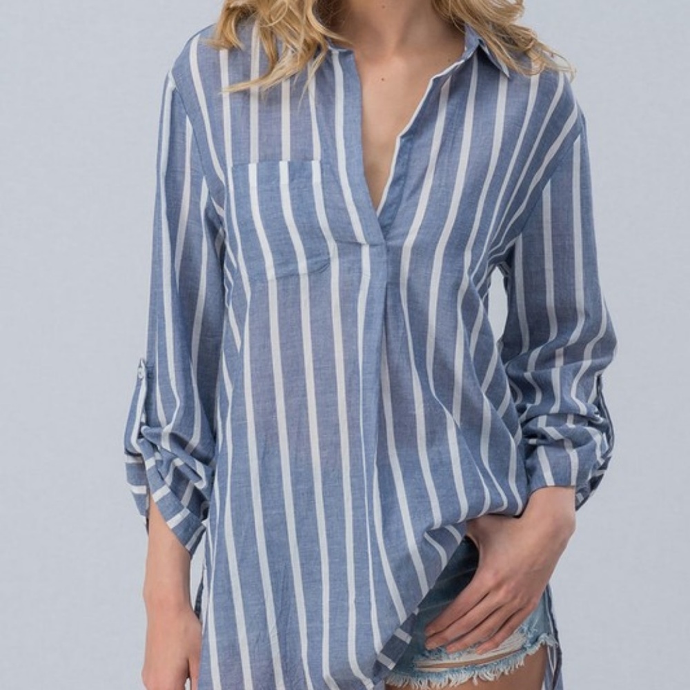 Blue White Striped Collared Tunic Coverup